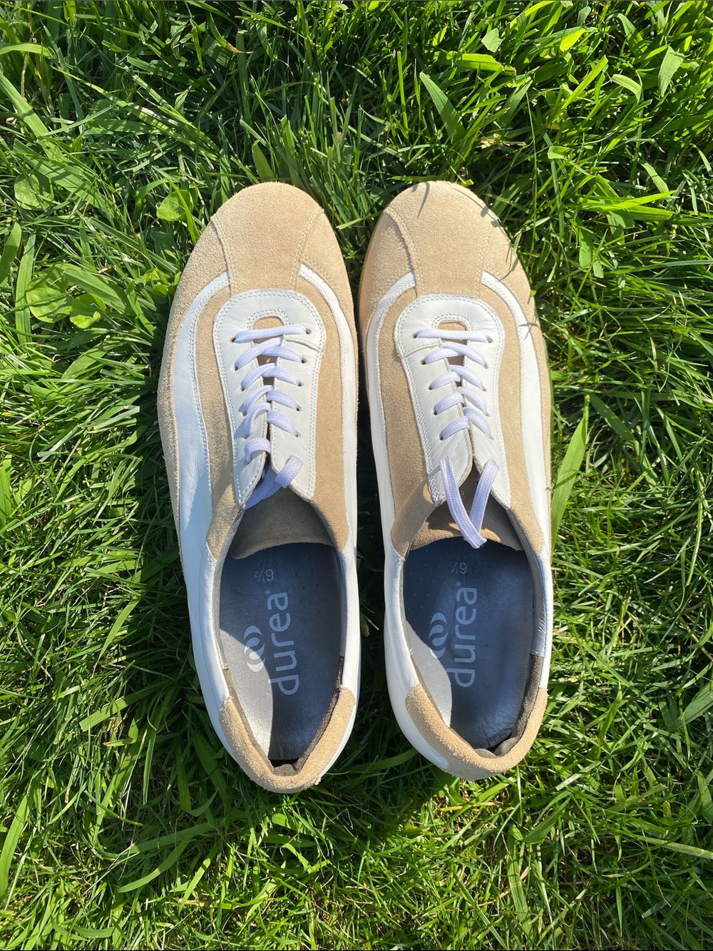Durea- European comfort brand, Women's Beige + White Suede and leather Sneakers